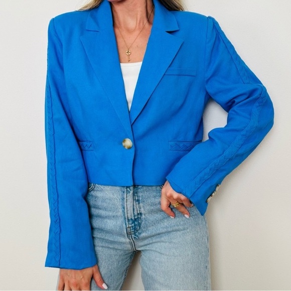 Jason Wu Womens Blue Linen Cropped Blazer Jacket Braided Trim Size Medium‎ - Picture 1 of 10